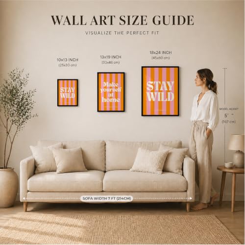 Image of Suneree Stay Wild Make Yourself At Home Wall Art Set of 2 Framed Paintings | Orange Pink Retro Typography Poster | Bedroom Living Room Home Decor (Art 19, 10x13 Inches, Black)