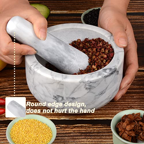 Mortar And Pestle Set Polished Natural Marble Stone Guacamole Molcajete Bowl With Base Silicone Pad,Matching Stainless Spoon And Matching Small Brush (Large, White Gray) #TOP5