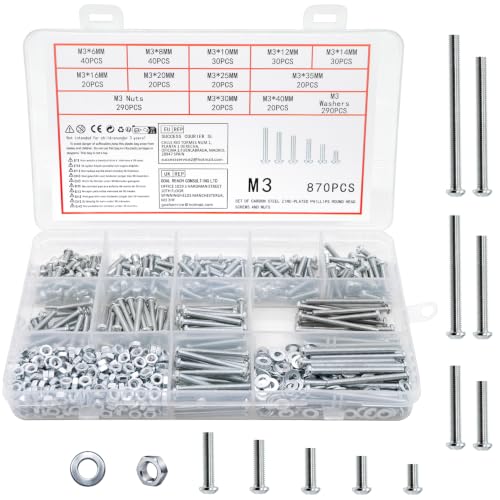 Vwoqiy 870 Pièces M3 Vis Boulons et Écrous et Rondelles Assortiment Kit, Boulons Vis à Tête Cylindrique, Vis à Métaux Cruciforme Galvanisées, DIN 7985(argent 870 M3)