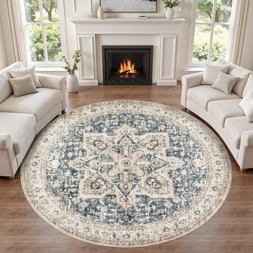 Tortania 8' Round Area Rug Living Room Rugs - Washable Boho Rug Vintage Oriental Distressed Farmhouse Large Thin Indoor Carpet for Bedroom Under Dining Table Home Office - Cream/Blue