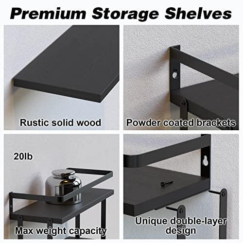 Richer House 2+1 Tier Wall Mounted Floating Shelves Set Of 2, Rustic Wood Wall Shelf With Metal Frame, Extra Storage Rack For Bathroom, Kitchen, Bedroom With Tissue Rack & Towel Bar - Black #TOP3
