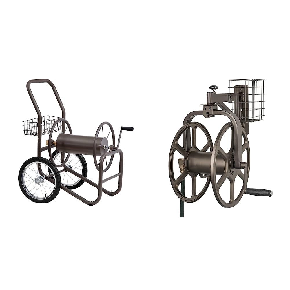 Liberty Garden 880-2 Industrial 2-Wheel Pneumatic Tires Garden Hose Reel Cart - Gray &amp; Arm Navigator Multi-Directional Garden Hose Reel, Holds 125-Feet of, 5/8-Inch, Bronze