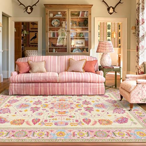 Kokia Pink Living Room Area Rug Washable Non Slip Low Pile 6x9 Vintage Stain Resistant Soft Oriental Rugs for Bedroom, Dining Room, Kitchen, Indoor Leisure Rooms, Nova Vanilla