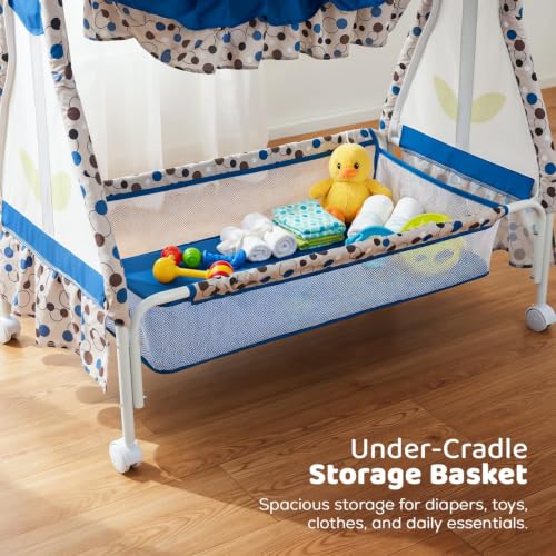 Image of BAYBEE Cradle for New Born Baby with Mosquito Net, Portable Baby Jhula Palna, Foldable Baby Crib, Infant Uyyala with Storage Basket, 360 Locking Wheels (Blue)