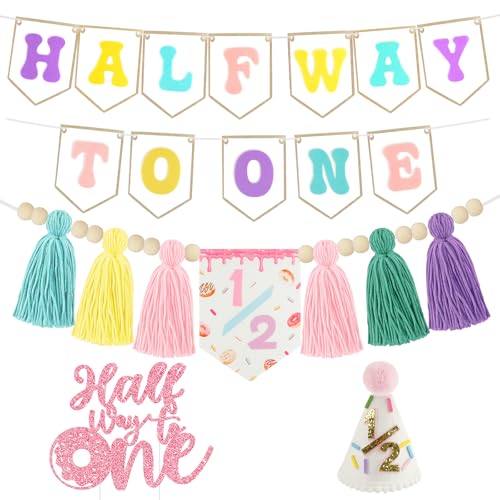 Image of 1 /2 Birthday Girl Half Birthday Decorations, Donuts Candy Half Way to One Banner Glitter Cake Topper Tassel Wood Bead High Chair Banner & Cone Hat 6 Months birthday Decorations Party Supplies