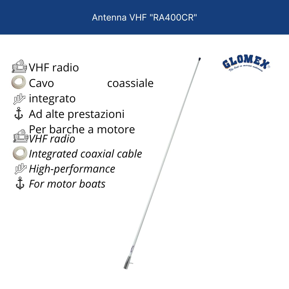 Glomex – Antenne VHF "Basic Line" 1,5 m (Blanc), modèle RA400CR – Virole en laiton chromé, comprend câble 4,5 m, 3 dB, DC Ground, pour bateaux à moteur – Qualité et finitions supérieures