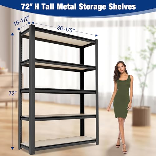Image of WORKPRO 5-Tier Black Shelving with Board, 36.2 inchWx16.5 inchDx72 inchH, 3000LBS Load | Adjustable, Heavy Duty, 3000lbs, Boltless Shelving for Kitchen, Living Room, Garage