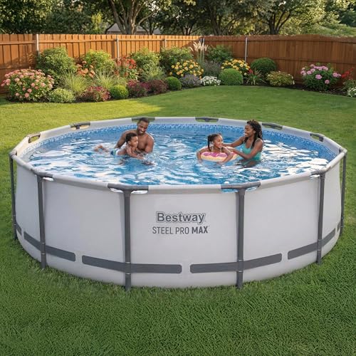 Image of Bestway Steel Pro MAX 14' x 42 inch Above Ground Swimming Pool Set with Pump | Durable Round Metal Frame Outdoor Backyard Pool, Puncture-Resistant Liner - Ladder and Cover Included, Gray