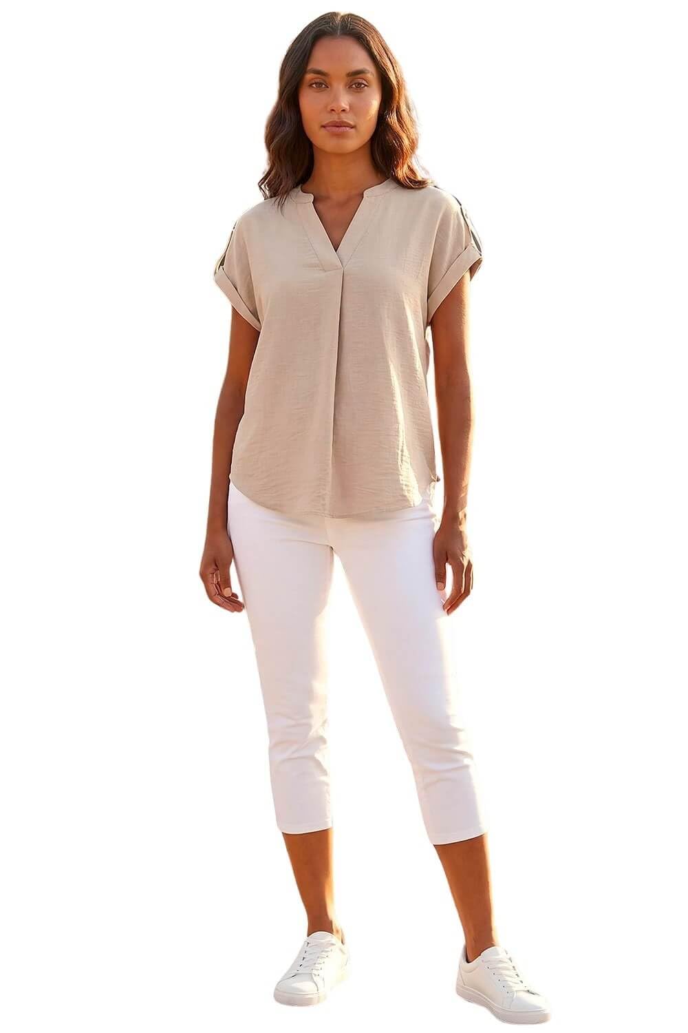Roman Originals Women's Beige Pleated Notch Neck Top For Uk - Everyday Holiday Spring Summer Notch Neckline Comfy Soft Evening Vacation Work Party - Size 10