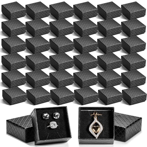 Landical 100 Pcs Jewelry Ring Gift Box 2'' x 2'' x 1'' Cardboard Earring Ring Boxes Small Black Gift Box with Velvet and Sponge Liner Pendant Case Bulk for Necklace Bracelet Earring Display Wedding