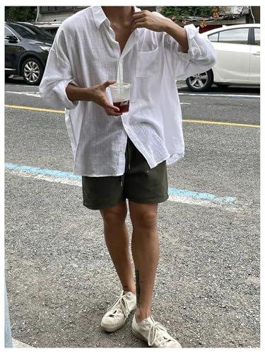 Men's Linen Shirt Button Down Shirt Long Sleeve Shirt with Pocket Collar Neck Summer Beach Shirts3