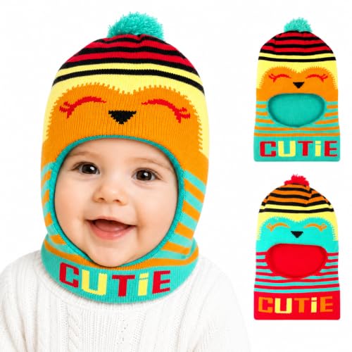 Image of Nilavan Unisex Woolen Monkey Caps for Babies (Pack of 2) | Soft Knitted Balaclava Winter Caps with Ear & Neck Coverage | Cute Face Muffler Cap for Newborn, Infants & Toddlers