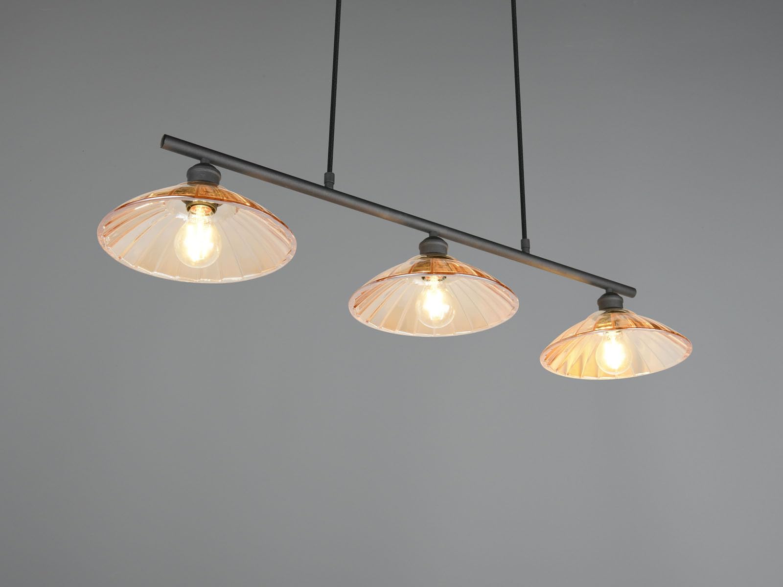 meineWunschleuchte Lampa wisząca 3-punktowa czarna, szklane abażury bursztyn, szerokość 100 cm