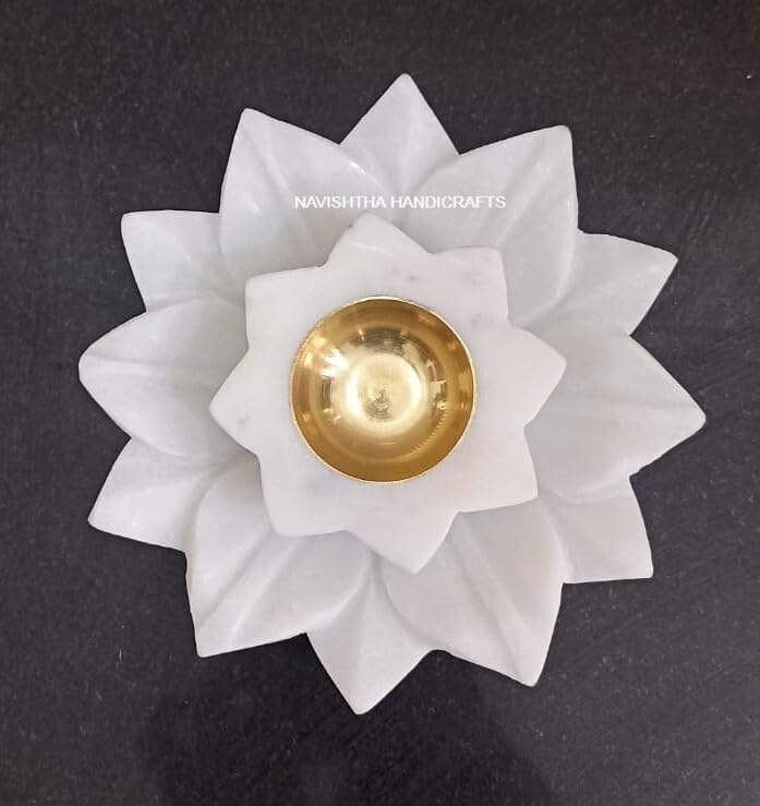 Rajasthan Art Rich White Marble Or Brass Traditional Beautiful Lotus Shape Marble Diya for Home Decor 3 inch with White Lotus Bowl Plate with Polish Size 6 inch-image-17
