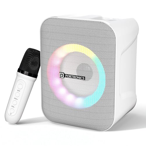 Image of Portronics Apollo One 20W Wireless Bluetooth Portable Speaker with Wireless Karaoke Mic, 5 Hour Playtime, RGB LED Light, Bluetooth V5.3, Easy Grab Handle, USB /AUX in /TF Card, Type C Charging(White)