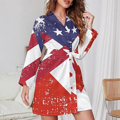 Retro America Canada Flag Bathrobe for Women Soft Lightweight Knee Length Loungewear Spa Bathrobe Long Sleeved Nightgown L - Image 5