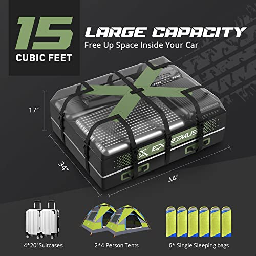 Extremus Explorationx Rooftop Cargo Carrier Bag-15 Cu Ft, 100% Waterproof Car Top Carrier, Abrasion Resistant 840D Pvc, High-Frequency Welded Seams, Waterproof Zipper W/Storm Flap & 9 Sturdy Straps #TOP4