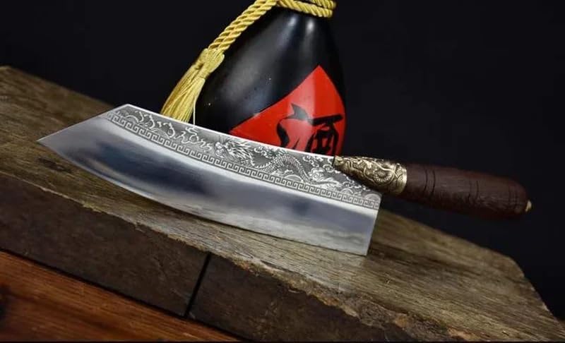 Meat Cleaver, 8.3 Inch Kiritsuke Knife Sharp Chef Cleaver Meat Slicing Vegetable Kitchen Knife Cooking Tools Copper Decor Wood Handle