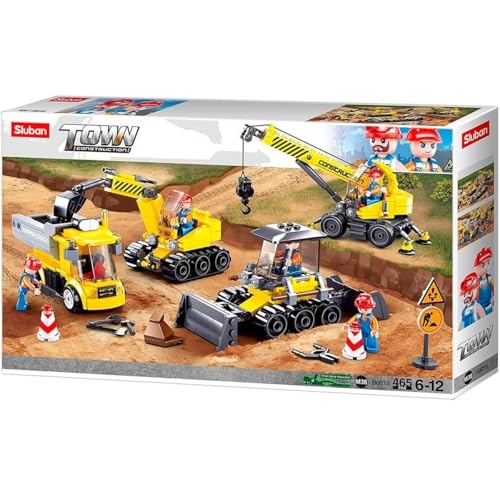 Sluban Klemmbausteine SL95680, Baustellenfahrzeuge Set (465 Teile) [M38-B0810], Spielset, Klemmbausteine, Baustätte, mit Spielfigur, Baustelle, bunt