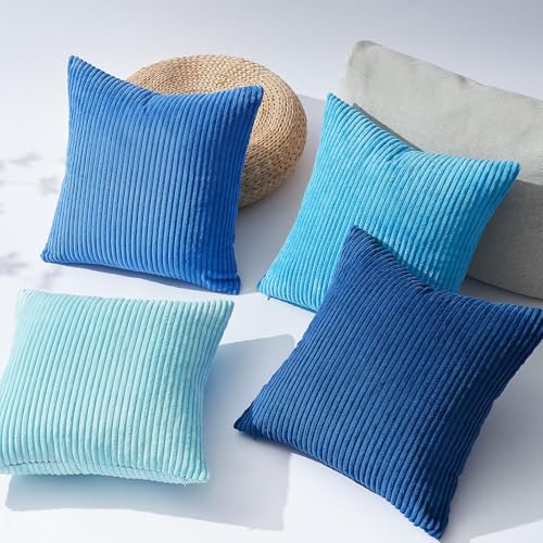 Image of Topfinel Blue Decorative Throw Pillow Covers 16x16 Inch Set of 4,Soft Accent Corduroy Striped Gradient Color Small Cushion Cover for Beach,Patio,Balcony,Couch Living Room,Summer Home Decor