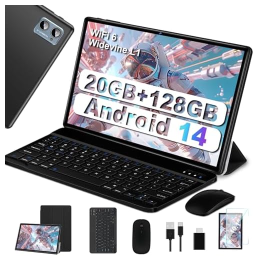 SUAAT Newest 2024 Tablet 10 Pulgadas Android 14, 20GB RAM+128GB ROM/1TB TF, 8-Core, Widevine L1/WiFi 6/Bluetooth 5.0/6000mAh/GMS Certified/8MP+5MP/Tablet PC con Funda, Teclado y Ratón, Negro