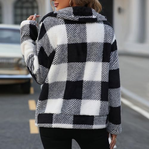 Womens Fleece Sherpa Jackets Fall Winter Full Zip Plaid Coat with Pocket4