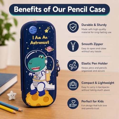 Image of WISHKEY Hard Shell EVA Pencil Box for Kids Large Capacity Pencil Case with Mesh Pocket, Elastic Pen Holders & Dual Zipper Water Resistant Stationery Organizer for Boys & Girls Space Theme