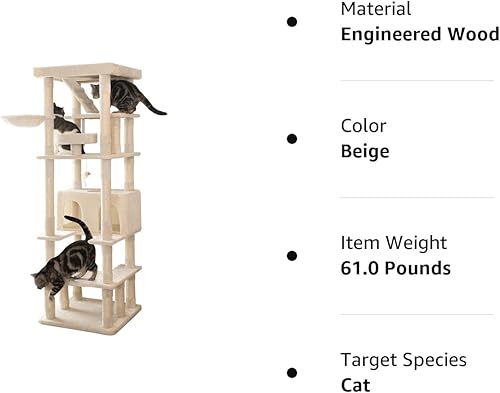 Miniatura 7 de MWPO Árbol grande para gatos de 74.8 pulgadas con postes rascadores cubiertos de sisal y condominio, torre alta para gatos, muebles de