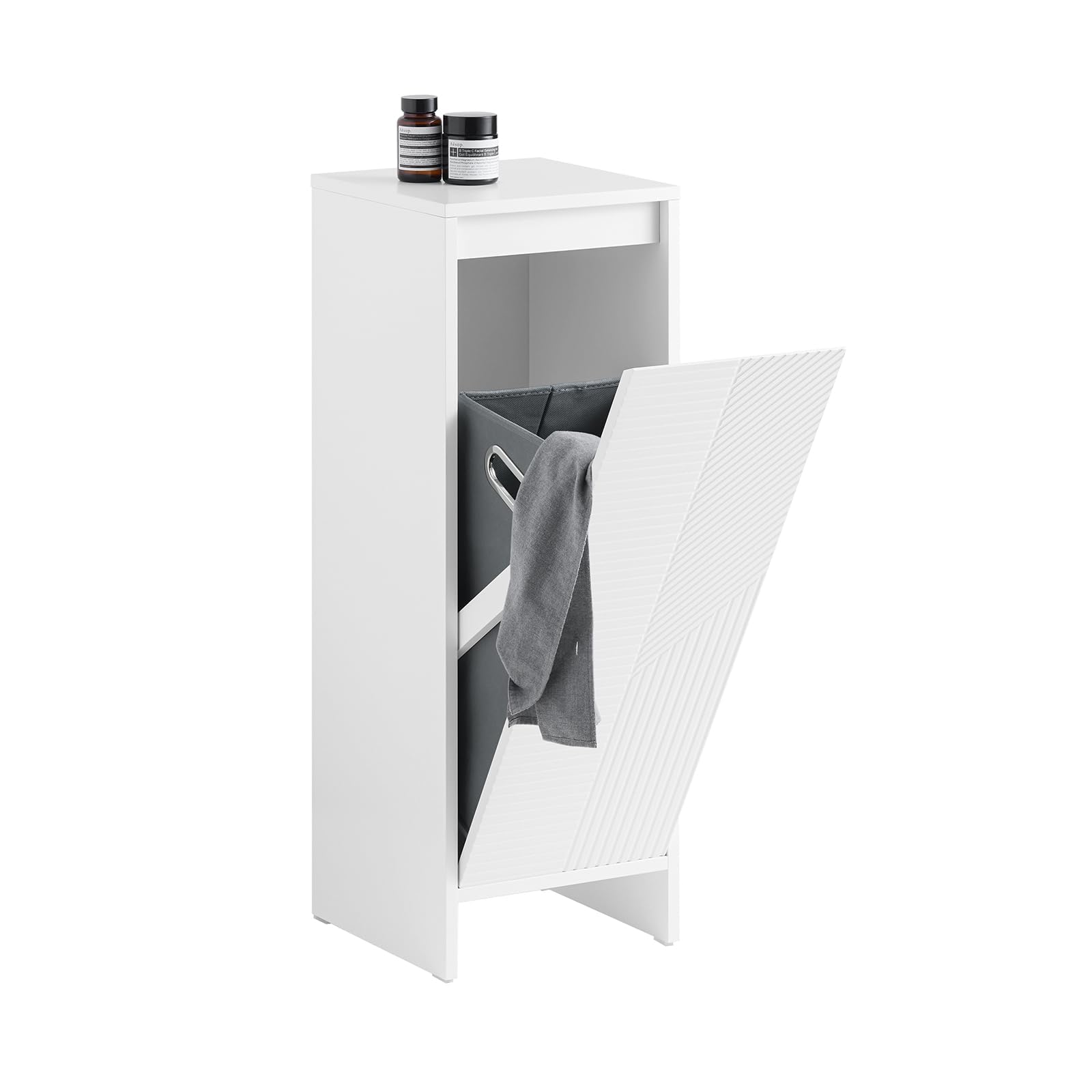 SoBuy Armario Baño Estrecho con Cesto para Ropa – Mueble Auxiliar Baño Blanco 30x30x87 cm, Diseño Moderno con Puerta Abatible, Almacenaje Compacto para Baños Pequeños, Lavaderos o Aseos BZR154-W
