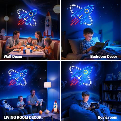 Image of Rocket Neon Sign for Wall Decor, Space Universe Decor Neon Sign Light for Boy's Bedroom, Gifts for Teen Kids, Dimmable USB Powered LED Light (Z001)