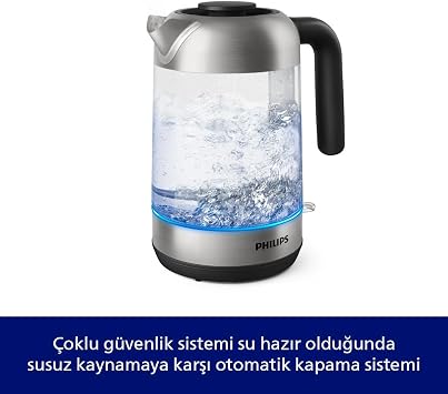 Philips Series 5000 Glass Kettle - 1.7L, Fast Boiling, Stainless Steel Element, Lime Filter, 360° Wireless Base, Removable Cover, Blue Light Indicator (HD9339/80)