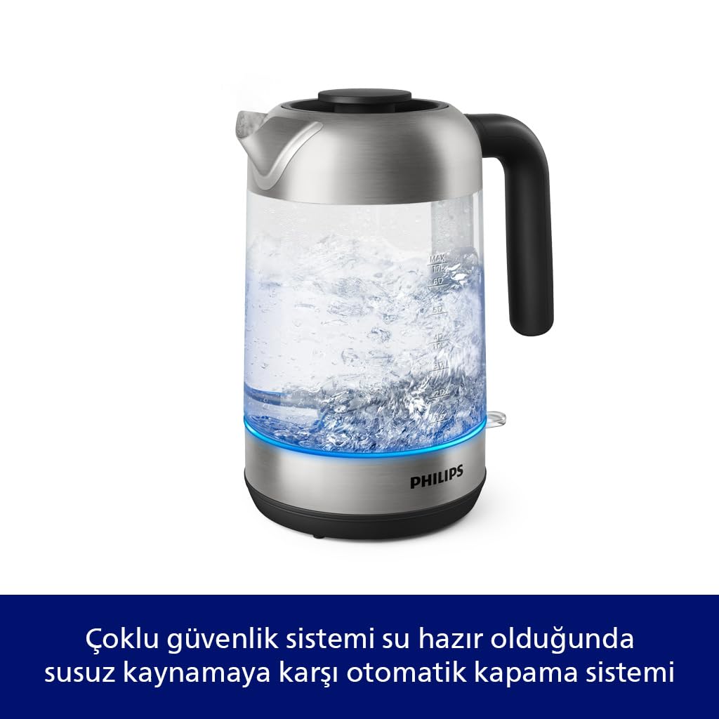 Philips Serisi 5000 Cam Su Isıtıcısı - 1,7L, Hızlı Kaynatma, Paslanmaz Çelik Eleman, Kireç Filtresi, 360° Kablosuz Taban, Çıkarılabilir Kapak, Mavi Işık Göstergesi (HD9339/80)
