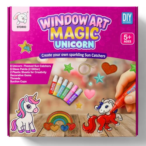Image of Storio Window Art Magic Unicorn Set | DIY Unicorn Sun Catcher Kit with Glass Paints & Decorative Gems | Art and Craft Kit