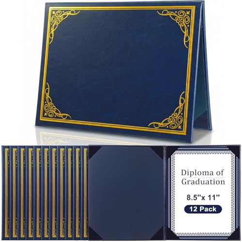 Tenare 12 porta-certificados de couro 21 x 28 cm capa de diploma PU preto azul com borda dourada para carta doutorado pasta de prêmio de diploma de mestrado para concurso de graduação (azul)