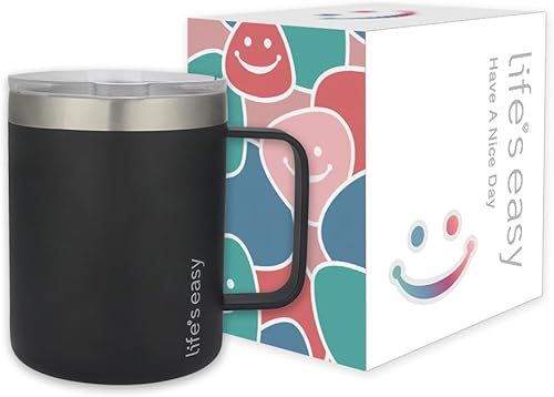 Life's Easy Taza de acero inoxidable de 12 onzas con asa, vaso de viaje aislado de doble pared con tapa abatible, taza térmica para café, agua,