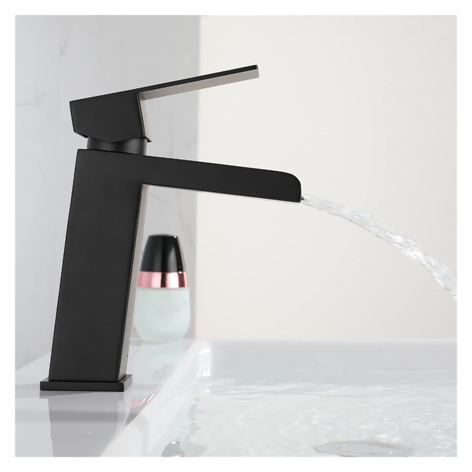 Grifo para lavabo en cascada, grifo mezclador de agua fría y caliente montado en cubierta inclinable para baño, grifo plateado negro, grifo para lavabo de tocador de acero inoxidable (color: negro con