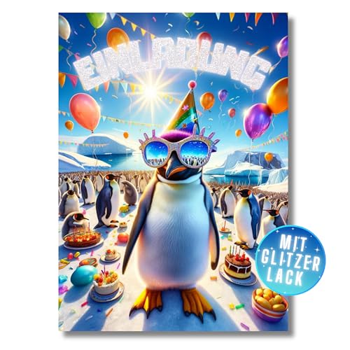 HIDEBLOOM Pinguin Glitzer Einladungskarten 12 Stück