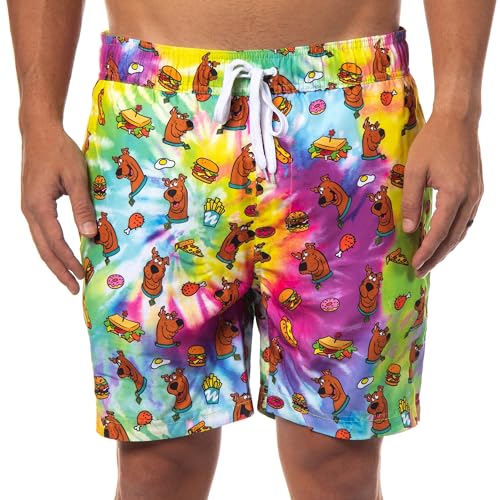 Scooby-Doo Men's Allover Scooby with Snacks Tie-Dyed Design Swim Trunks, Small Multicolored