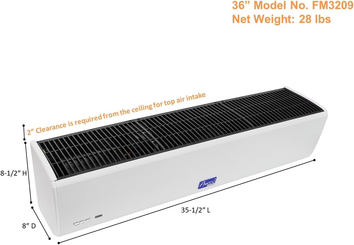 Awoco 36" Elite 2 Speeds 900 CFM Unheated Indoor Air Curtain, 120V Unheated with Remote Control and Easy-Install Magnetic Door Switch (36” FM3209)