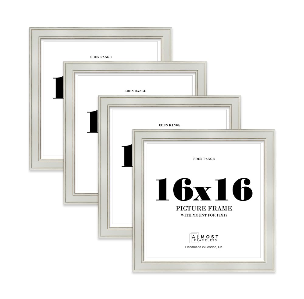 16x16" Light Grey Square Picture Frame with 15x15" Mount - Shabby Chic Photo Frame with Distressed Finish, Gold Trim, Wall Hooks, 37mm Edge - 4 Pack
