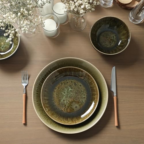 Image of Stone Lain Riley 24-Piece Dinnerware Set Stoneware, Plates and Bowls Set, Dishwasher and Microwave Safe, Dish Set for 8, Black and Green