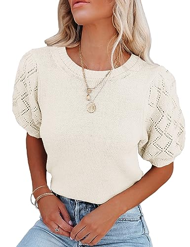Image of Womens Short Sleeve Sweaters Crewneck Knit Pullover Tops 2025 Summer Casual Lightweight Crochet Blouse Shirt