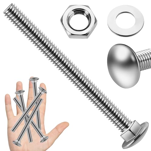 Image of (5 Sets) 3 /8-16 x 4 Carriage Bolts with Nuts and Washers, 304 Stainless Steel Round Head Square Neck 3 /8 Carriage Bolts Screws, Full Thread for Outdoor