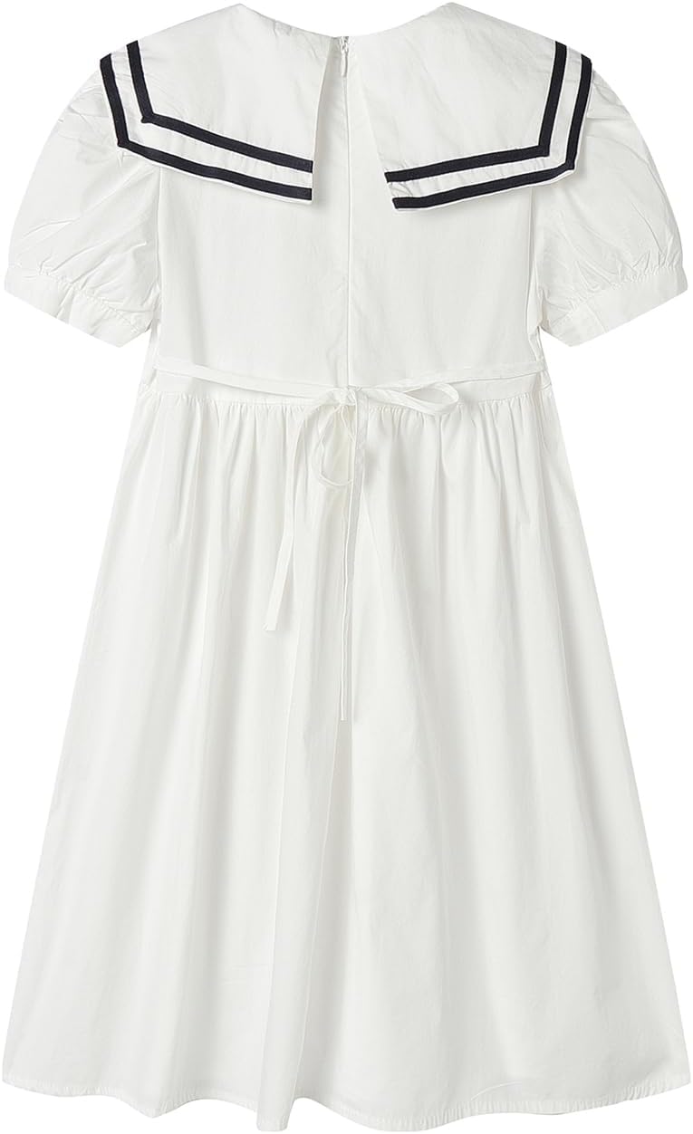 LittleSpring Girls Short Sleeve Uniform Nautical Dress with Collar Navy Sleek - Image 2