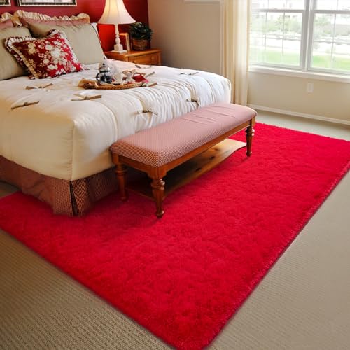 HOMORE Red Rugs for Bedroom, 4x6 Feet Fluffy Area Rug Modern Shag Rugs for Living Room, Super Soft Furry Rug for Girls Room, Cute Carpets for Kids Nursery Home Dorm Decor