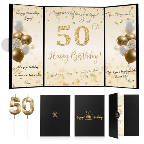 50th Birthday Decorations Black Gold Guest Book 50th Birthday Gifts for Men Birthday Gifts for Women 50th Birthday Party Supplies Signature Board 50 Years Old Happy Birthday Decorations Signing Card