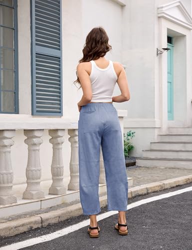 Lviefent Womens Wide Leg Barrel Pants Casual Elastic Waist Cotton Linen Ankle Length Trouser with Pockets (Dustyblue-L)4
