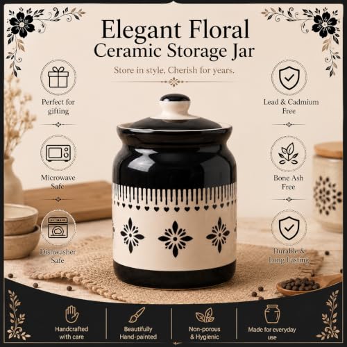Image of D'Maiolica Ceramic Handmade Pickle Jars in 1000ml (set of 2) | Floral Bale 1 kg Achaar Martban | Ceramic Jadi for Kitchen Storage (Set of 2) | Jars for Achar, Spices, Salt (Midnight Blossom Heartline)