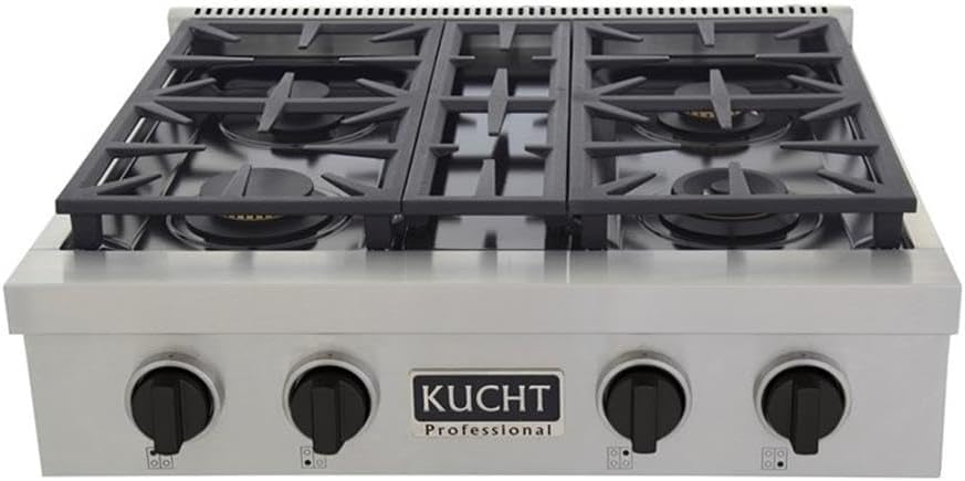 Pemberly Row 30" Natural Gas Range Top, Stainless Steel with Tuxedo Black Knobs, 4-Burner Gas Cooktop, Sealed Burners, Auto Re-ignition, Continuous Rail Design, Manual Controls for Traditional Cooking