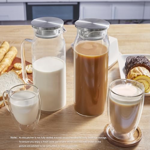 Image of Bivvclaz 1.6 Liter 54 oz Glass Pitcher with Lid and Handle, Glass Carafe Water Pitcher for Hot /Cold Water, Iced Tea, Drinks, Coffee, Juice and Homemade Beverage